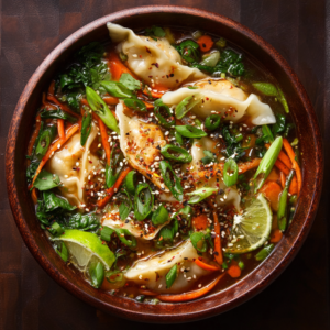Savory Spicy Potsticker Soup with Fresh Vegetables