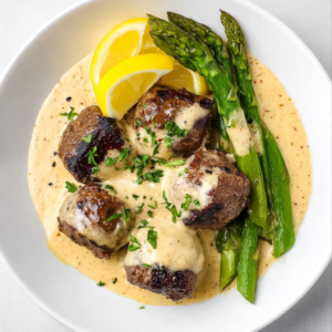 Plate of Steak Meatballs with Creamy Sauce