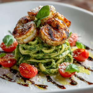 Pesto Pasta and Grilled Shrimp Stack
