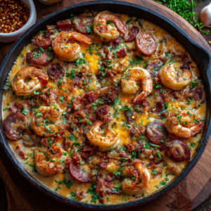 Cheesy Shrimp, Sausage & Bacon Skillet