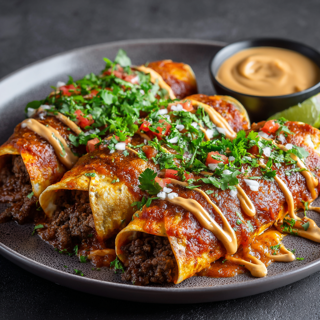 Ground Beef Enchiladas with Spicy Red Sauce & Peanut Sauce