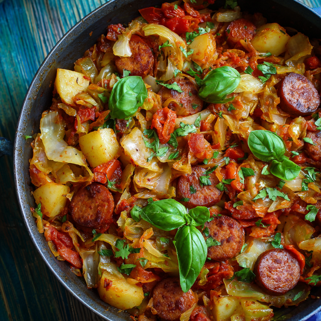 Cabbage, Potatoes & Sausage in Tomato-Basil Sauce