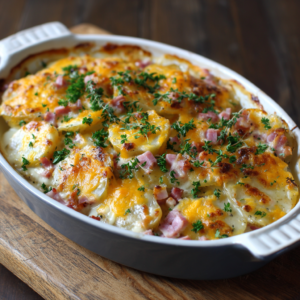 Driftwood-Grilled Cheddar & Ham Potato Casserole