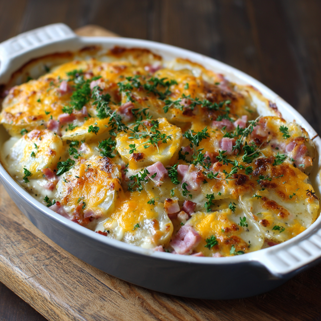 Driftwood-Grilled Cheddar & Ham Potato Casserole