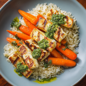 Grilled Tofu with Green Pesto Rice & Carrots