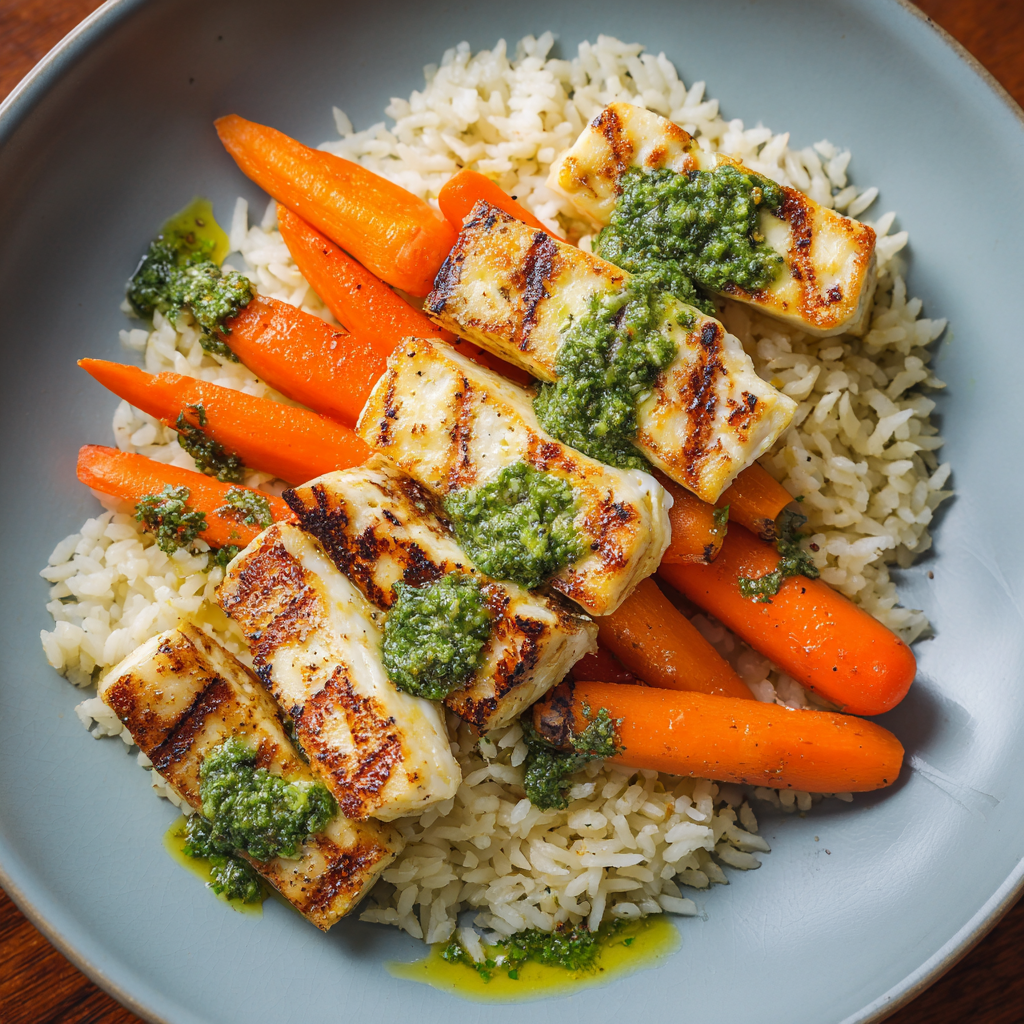Grilled Tofu with Green Pesto Rice & Carrots