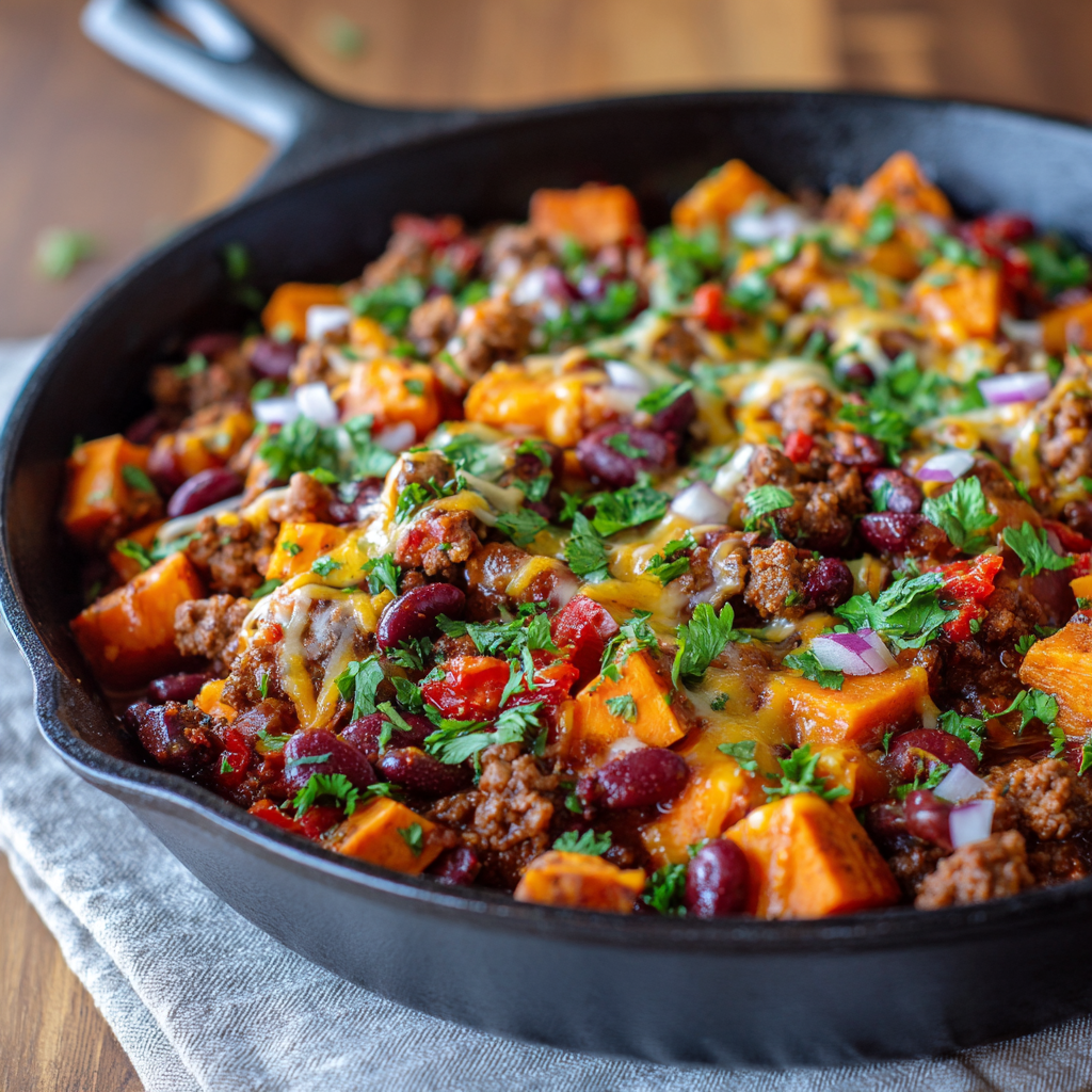 Cheesy Sweet Potato Beef Chili Skillet