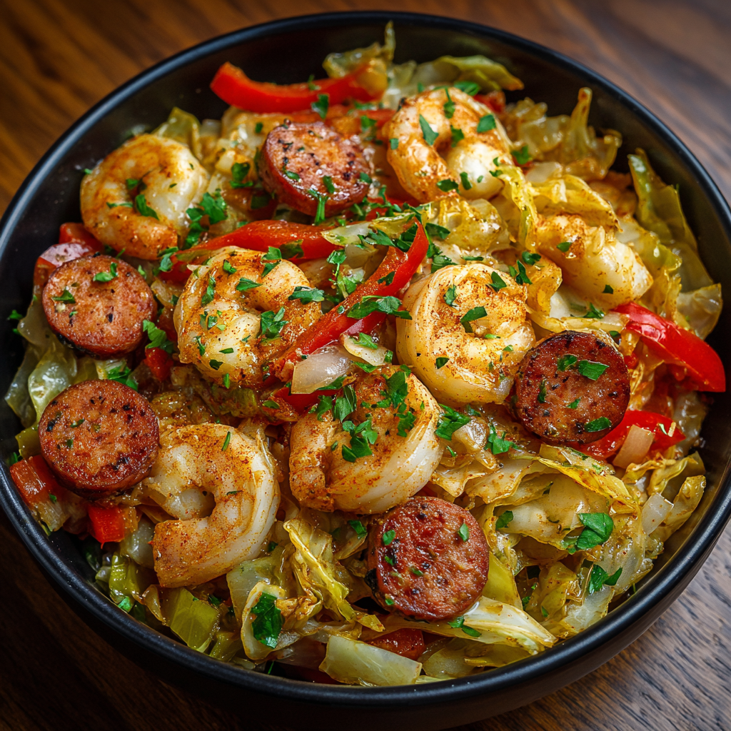 Savory Shrimp Sausage Cabbage Skillet