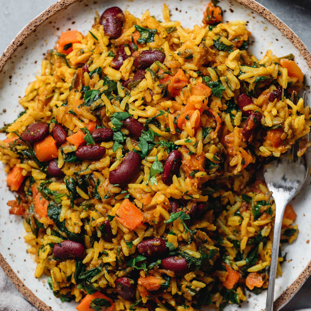 One-Pot Vegan Caribbean Pelau with Beans and Spinach