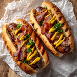Gourmet Bacon-Wrapped Hot Dogs with Mustard Drizzle