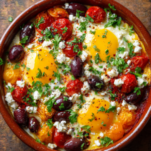 Baked Eggs with Tomatoes, Olives & Feta