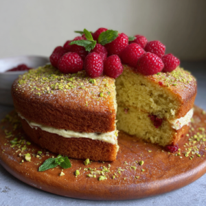 Pistachio Raspberry Layer Cake with Pistachio Buttercream