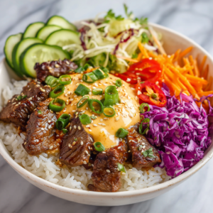 Korean BBQ Steak Rice Bowls with Spicy Cream Sauce