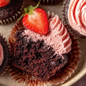 Dark Chocolate Strawberry Filled Cupcakes