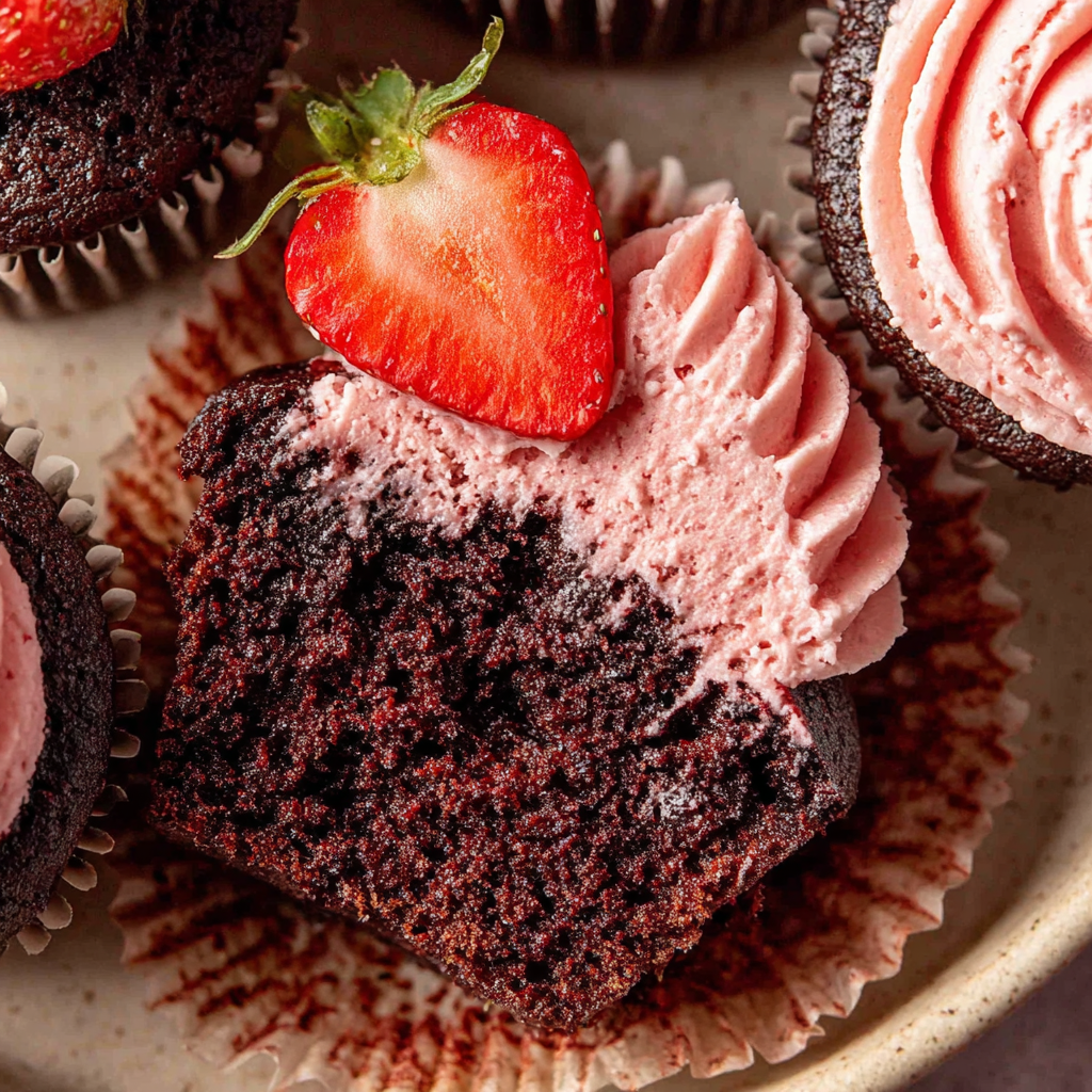 Dark Chocolate Strawberry Filled Cupcakes