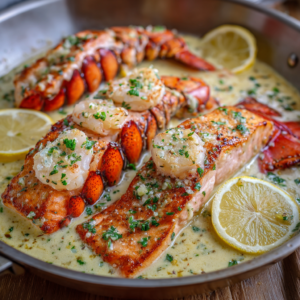 Garlic Butter Salmon and Lobster in Creamy Lemon Parmesan Sauce