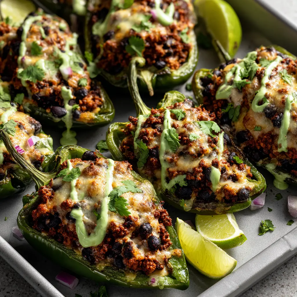 Stuffed Poblano Peppers with Creamy Avocado Sauce