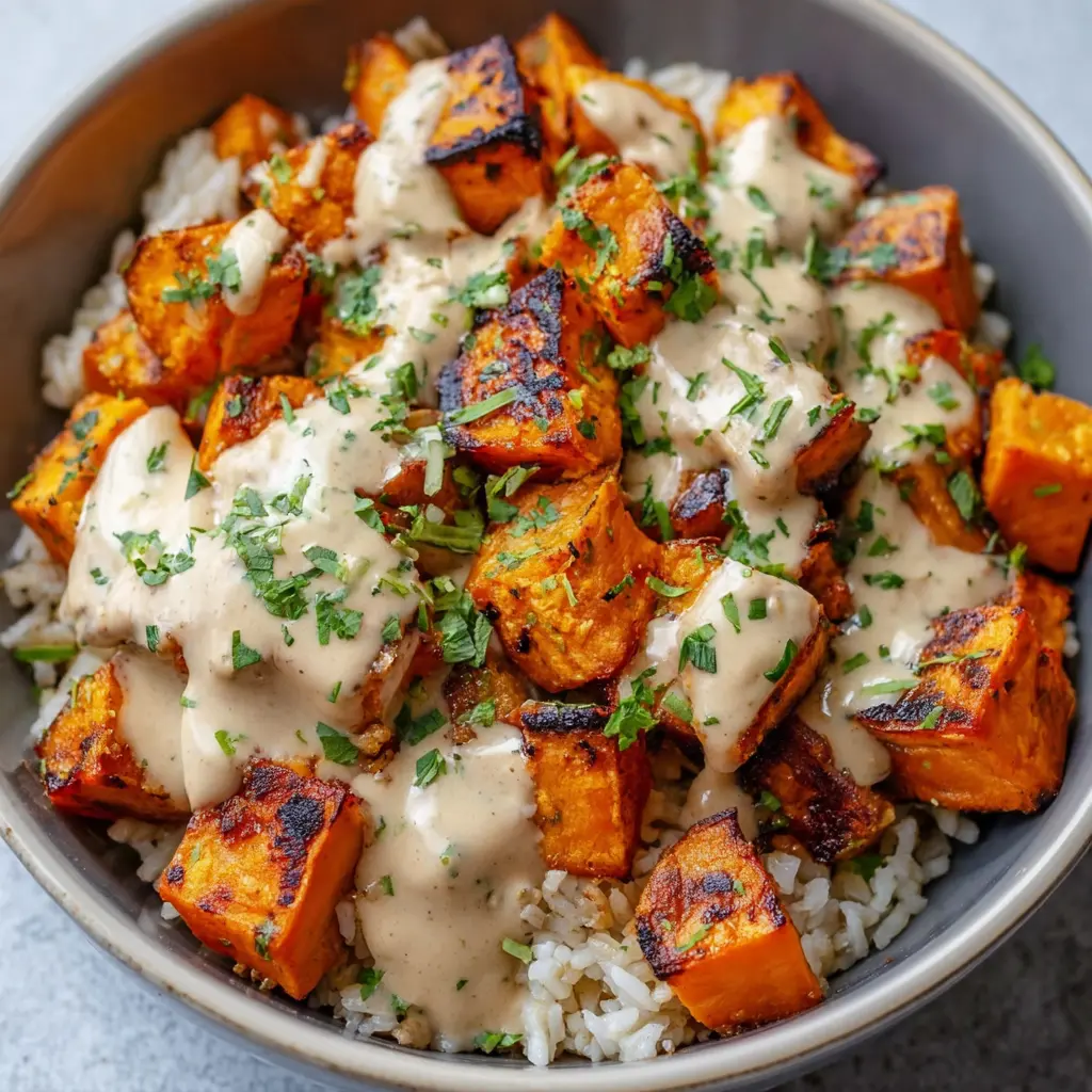 Roasted Sweet Potato Rice Bowl with Creamy Sauce